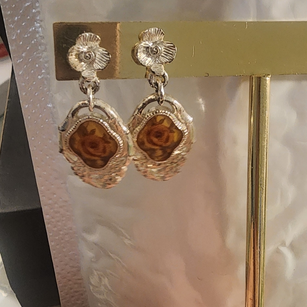 Silver Tone and Brown Floral Earrings
